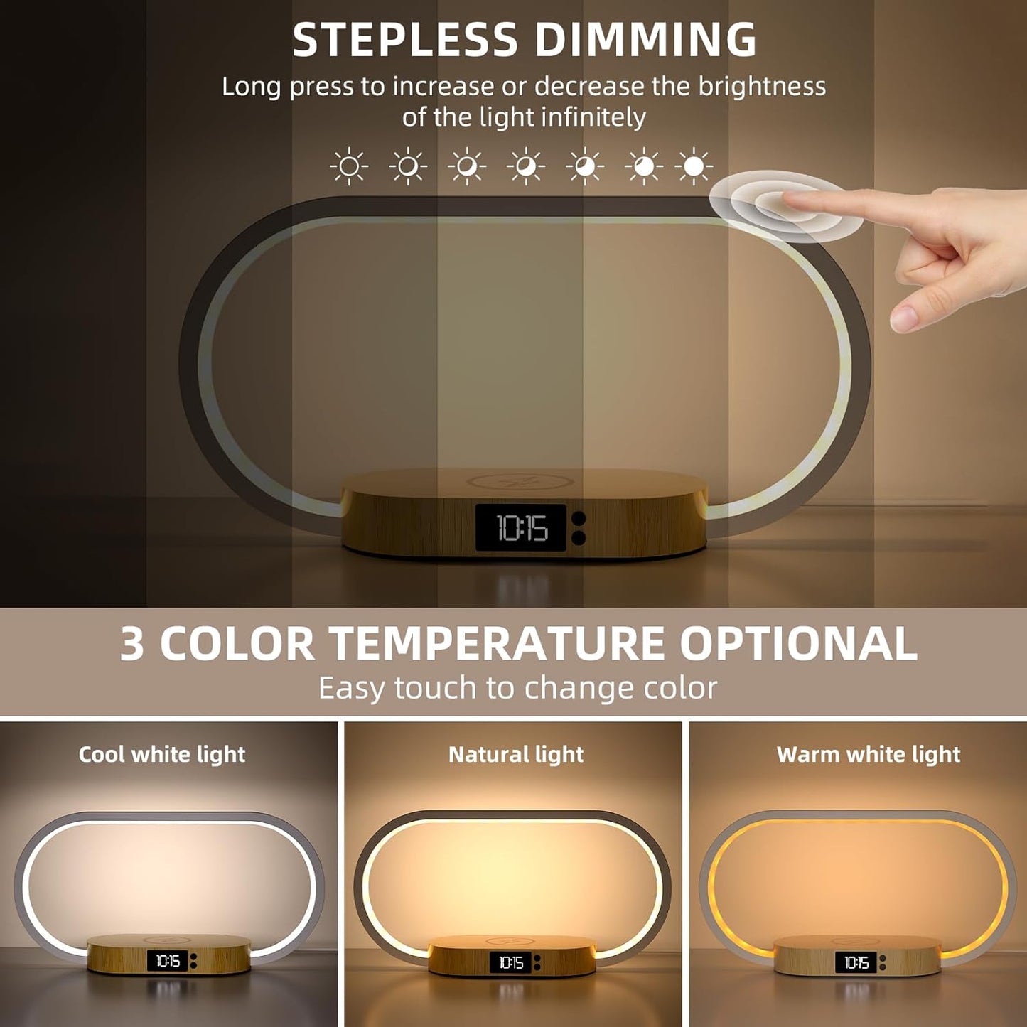 Lámpara Led De Mesita De Noche Con Cargador Inalambrico, Lámpara De Dormitorio Con Reloj, Táctil Regulable, Decoración De Madera