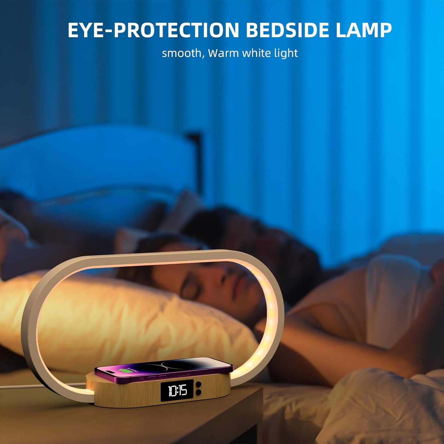 Lámpara Led De Mesita De Noche Con Cargador Inalambrico, Lámpara De Dormitorio Con Reloj, Táctil Regulable, Decoración De Madera