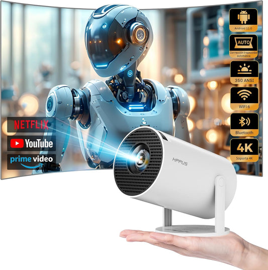 Mini Proyector Portátil 4K Soporte, WiFi 6 y BT 5.2, con Sistema Operativo Android 11.0, Corrección de Trapecio Automática, Rotación de 270°, Proyector Móvil Cine en Casa para HDMI/USB, Blanco